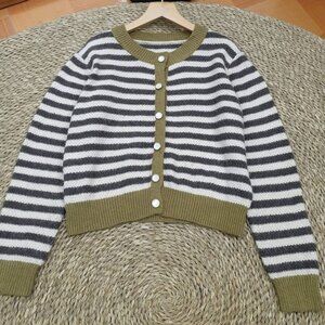 Gray White Stripe Olive Trim Pearl Button Knit Cardigan Cozy Cropped Sweater